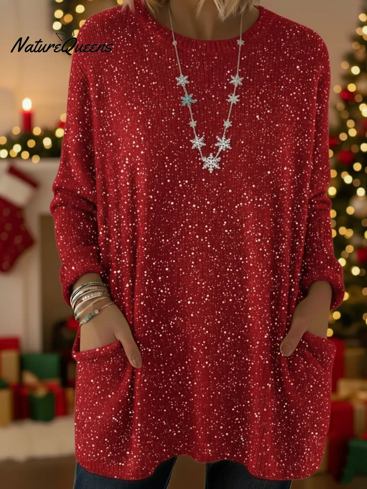 Christmas Sparkling Loose Pocket Pullover Sweater