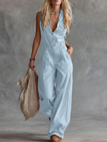 Women's Solid Color Shirt Collar Sleeveless Casual Loose Cotton And Linen Wide-leg Jumpsuit