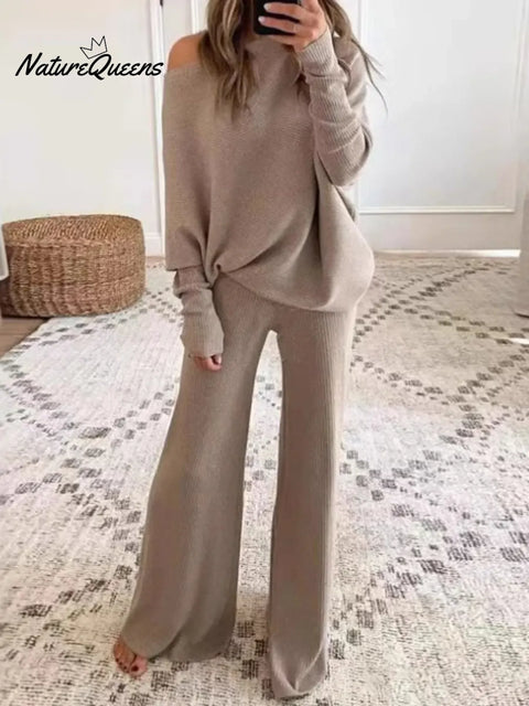 Women's Solid Color Round Neck Long Sleeve Casual Loose Knit Top and High Waist Casual Loose Wide-Leg Pants Set