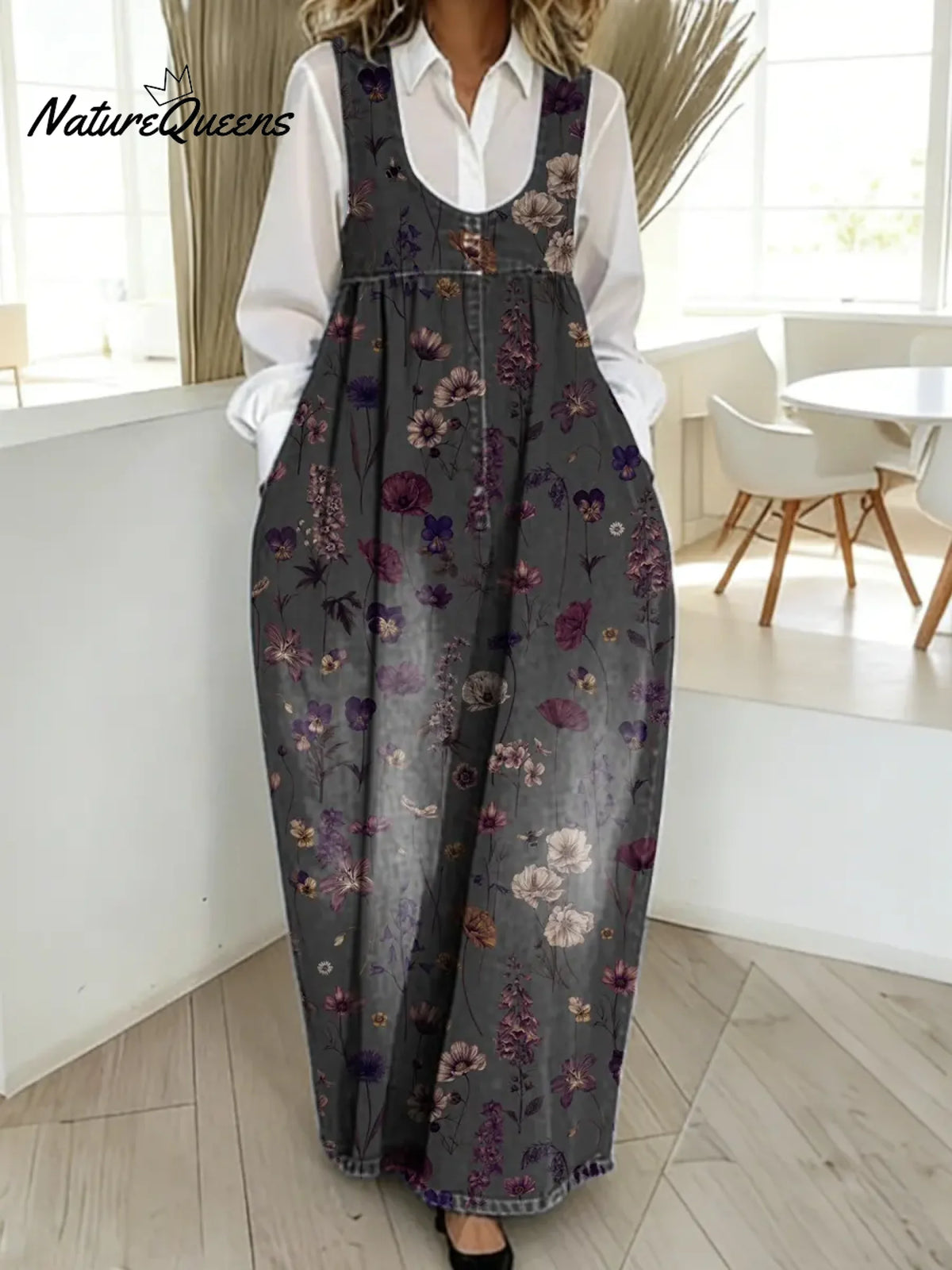 Women's Vintage Flower Pattern Art Print Casual Cotton Denim Dress