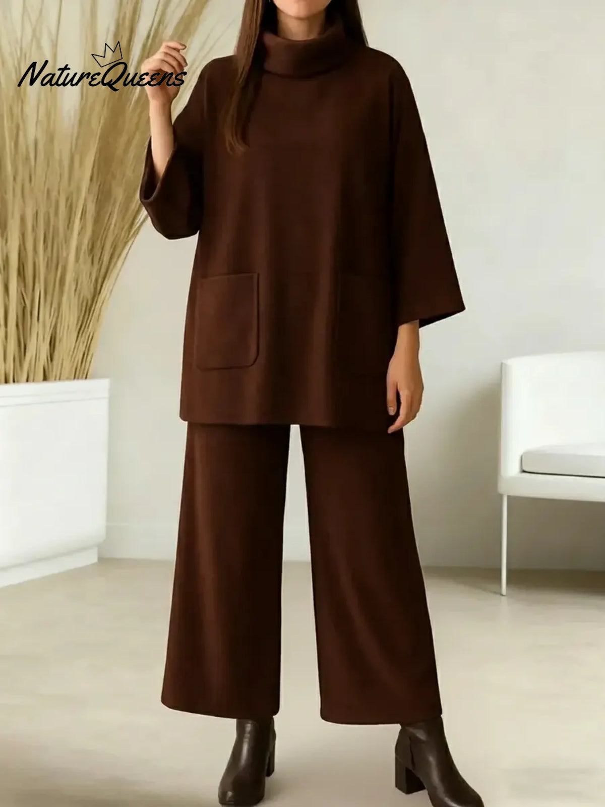 Women's Solid Color High-neck Long-sleeved Casual Loose Top With Elastic Waist And Wide-leg Pants Autumn/winter Set