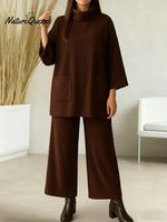 Women's Solid Color High-neck Long-sleeved Casual Loose Top With Elastic Waist And Wide-leg Pants Autumn/winter Set