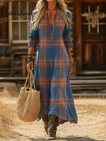 Women‘s Vintage Plaid Pattern Art Print Casual Cotton Dress