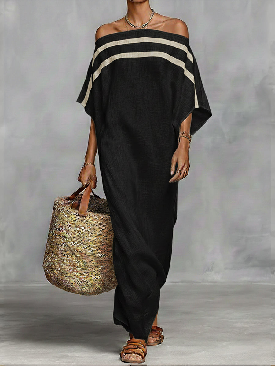 Off-the-shoulder, Straight-neck Linen And Cotton Dress