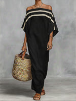 Off-the-shoulder, Straight-neck Linen And Cotton Dress