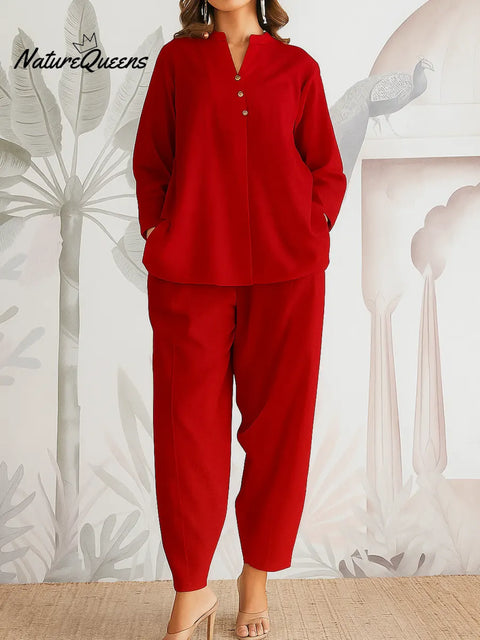 Women's Solid Color V-neck Long-sleeved Casual Loose Cotton And Linen Top And High-waisted Casual Jogger Pants Set