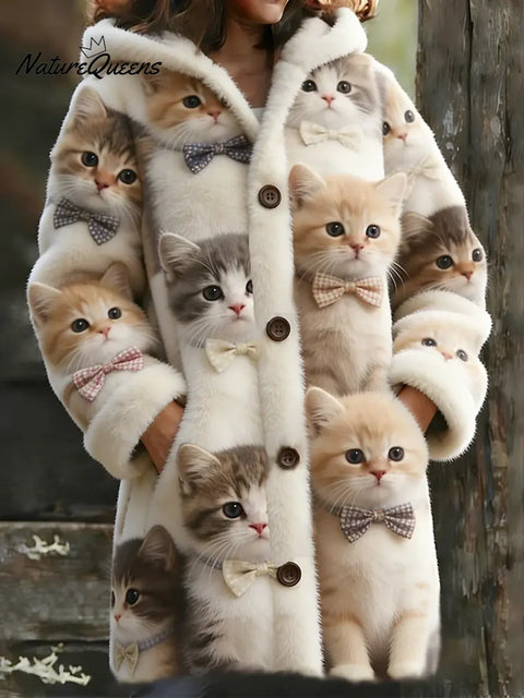 Women's Funny Cats Pattern Art Print Casual Fleece Coat
