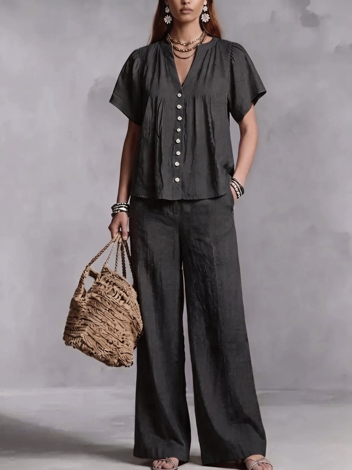 Women's Cotton-Linen V-Neck Casual Set for Beach Vacations