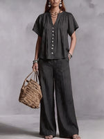 Women's Cotton-Linen V-Neck Casual Set for Beach Vacations