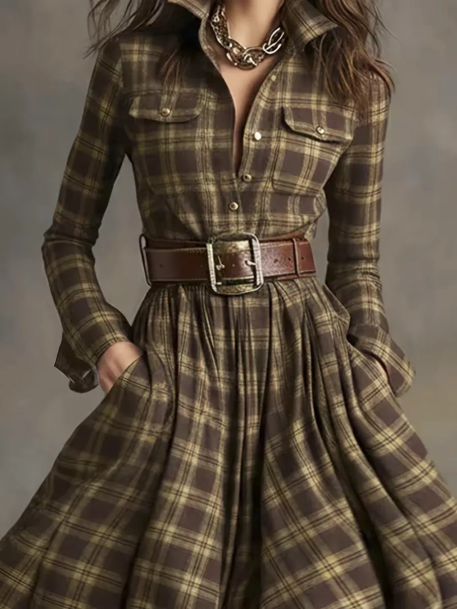 Women's Vintage Plaid Pattern Art Print Casual Cotton Dress