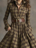 Women's Vintage Plaid Pattern Art Print Casual Cotton Dress