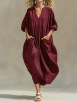 Women's Solid Color V-neck 3/4 Sleeve Casual Loose Cotton And Linen Dress