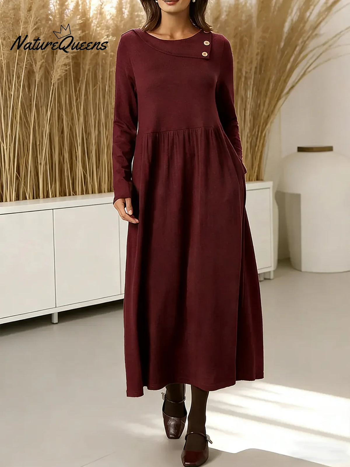 Women's Solid Color Round Neck Long Sleeve Casual Loose Cotton Dress