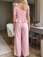 Women's Solid-color Sleeveless Loose-fit Cotton-linen Cami Top And High-waisted Wide-leg Pants Set
