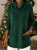 Christmas Elegant Cowl Collar Shiny Knitted Sweater