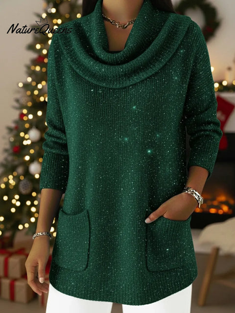 Christmas Elegant Cowl Collar Shiny Knitted Sweater
