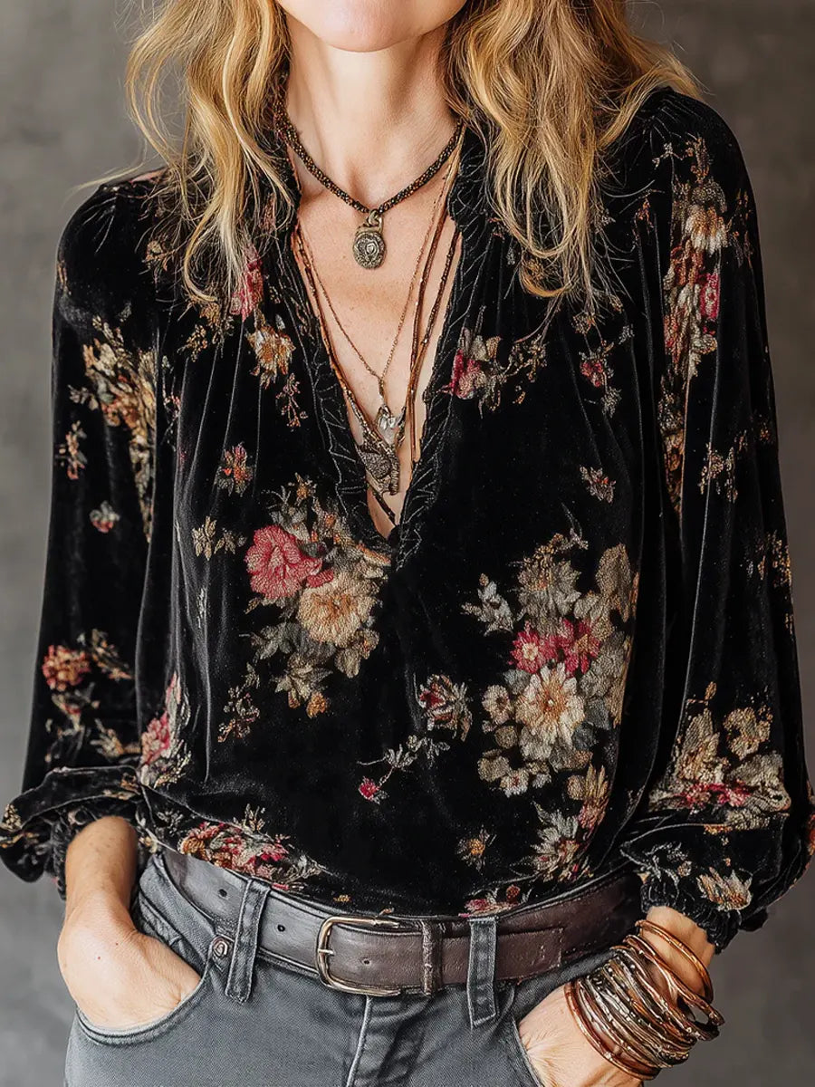 Women's Retro Floral Art Casual Ruffled Velvet Long Sleeve Shirt