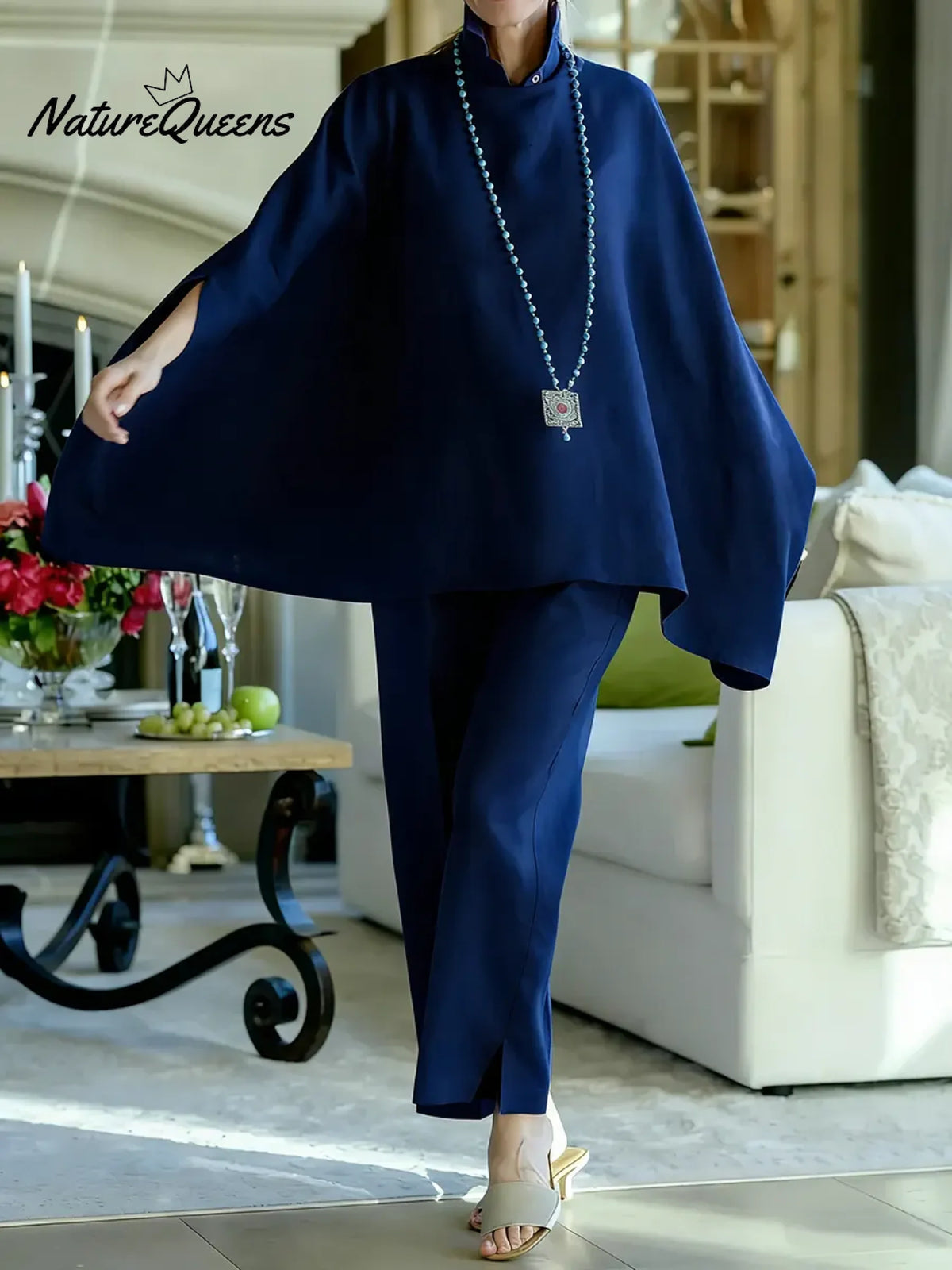 Women's Solid Color Stand-up Collar Batwing Sleeve Casual Loose Cotton And Linen Top And High-waisted Loose Wide-leg Pants Set