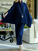 Women's Solid Color Stand-up Collar Batwing Sleeve Casual Loose Cotton And Linen Top And High-waisted Loose Wide-leg Pants Set