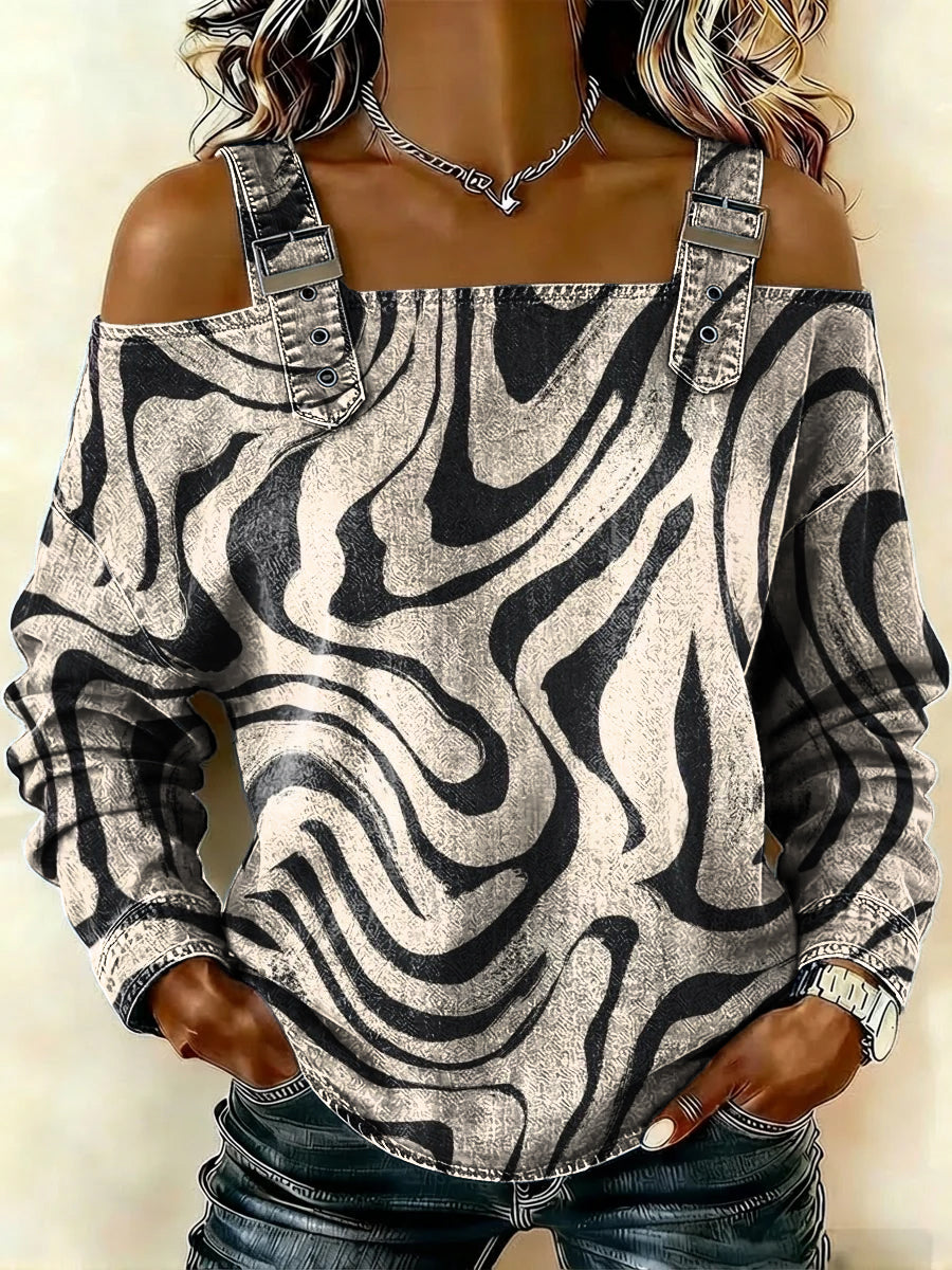 Women‘s Vintage Art Stripes Print Casual Cotton Denim Shirt