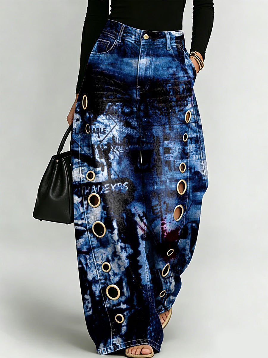 Retro-inspired Decorative Patterns Women's Casual Denim Pants