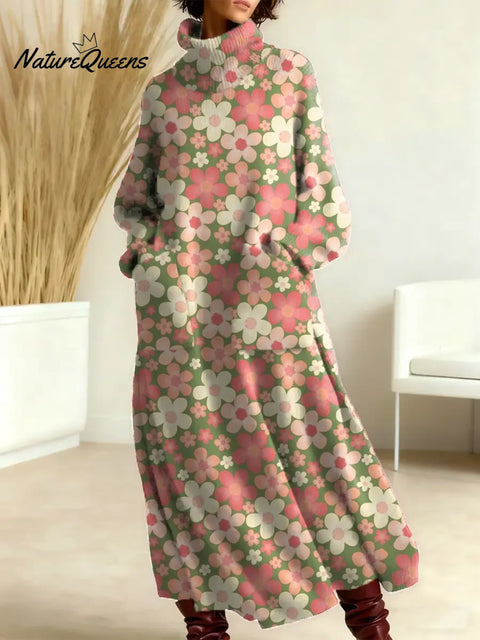 Women's Floral Pattern Art Print Casual Cotton Knitted Dress