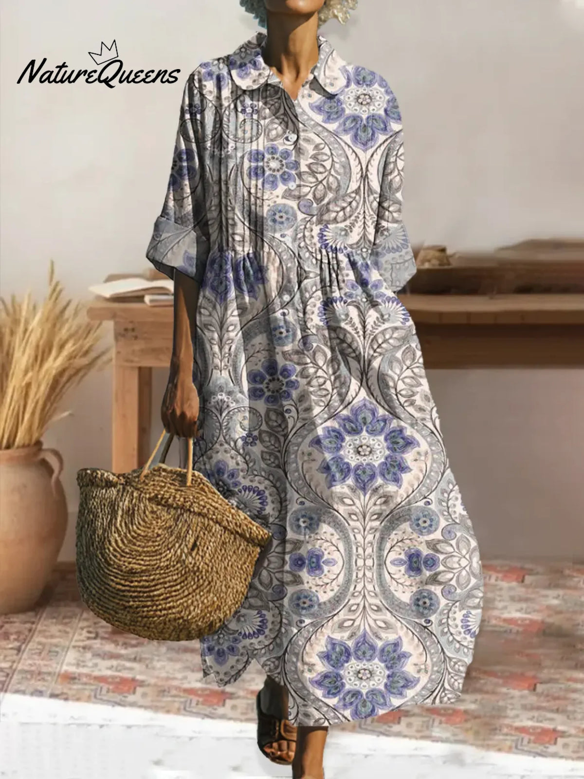 Women's Retro Floral Art Print Pleated Peter Pan Collar Casual Dress