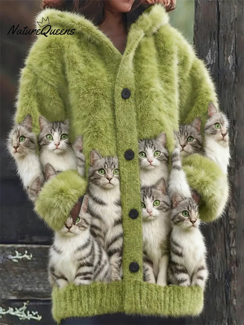 Women's Funny Cats Pattern Art Print Casual Fleece Coat