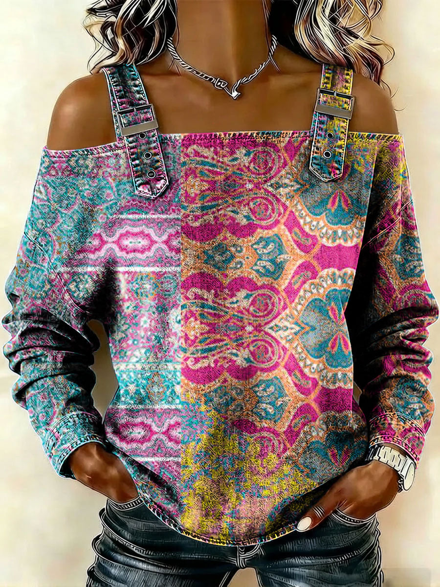 Women‘s Vintage Flowers Pattern Art Print Casual Cotton Denim Shirt