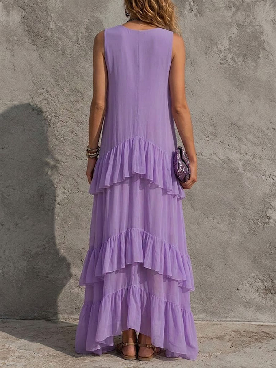 Women's V-neck Sleeveless Ruffle Dress
