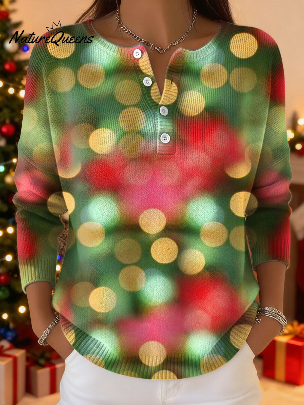 Women's Christmas Lanterns Pattern Art Print Buttoned Cardigan Sweater
