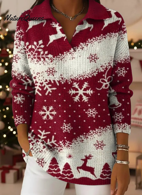 Women's Christmas Deer Pattern Art Print Casual Cotton Sweater