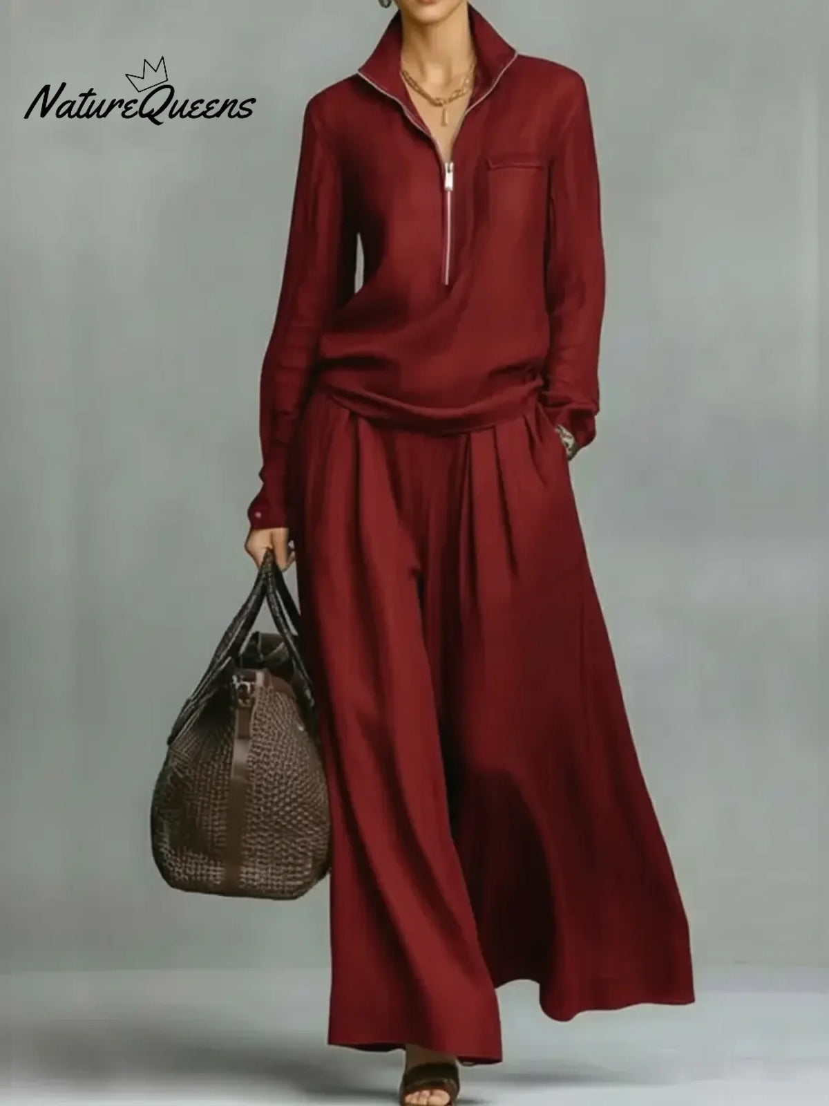 Women's Half-zip Top And Wide-leg Pants Two-piece Set