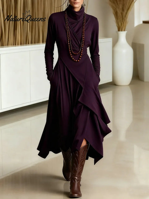 Women's Solid Color Turtleneck Long-sleeved Casual Loose Irregular Hem Knitted Dress