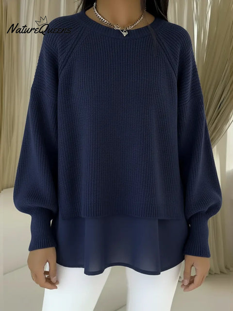 Women's Comfortable Patchwork Faux Two-piece Lantern Sleeve Sweater