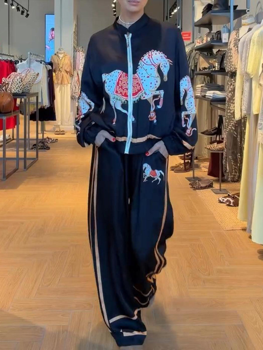 Chic Artistic Vintage Horse Print Two-piece Set