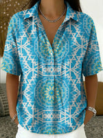 Women's Vintage Botanical Floral Casual Polo Collar Short-sleeved Linen And Cotton Shirt