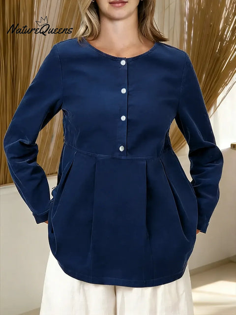 Women's Solid Color Round Neck Long-sleeved Casual Loose Cotton Top