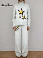 Cartoon Star Decorative Pattern Casual Stand Collar Long Sleeve Top And Elastic Waistband Pants