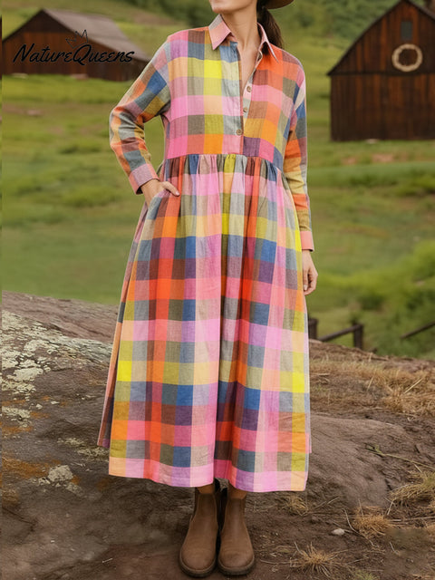 Women's Plaid Cotton And Linen Casual Long-Sleeved Dress
