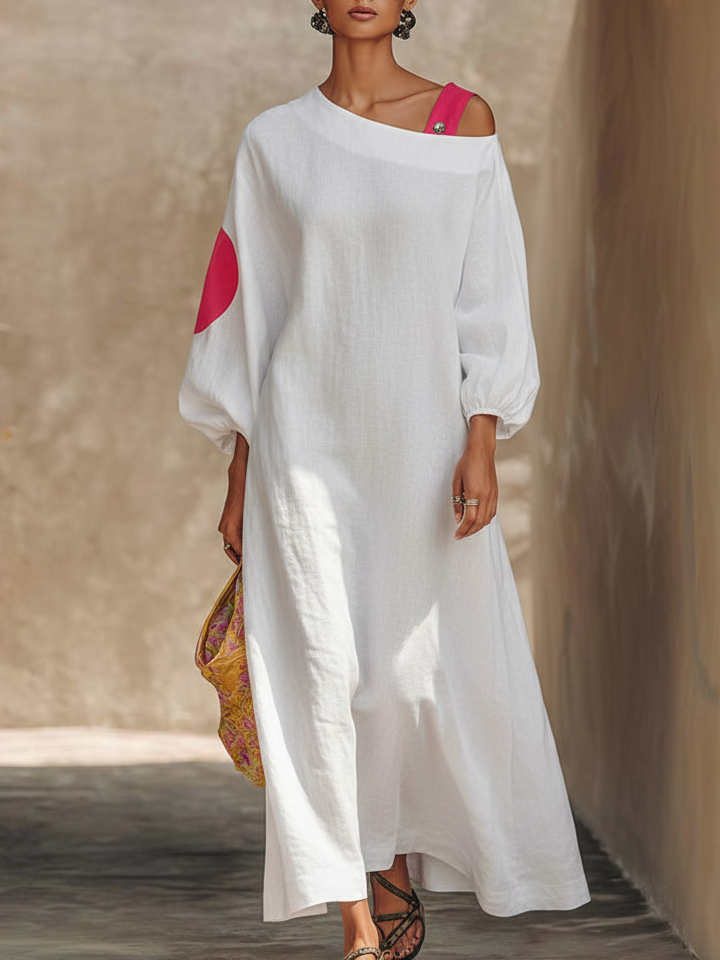 Casual Off-the-shoulder Color-block Loose Cotton Dress