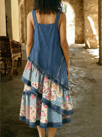 Casual Floral Patchwork Denim Dress With Adjustable Shoulder Straps