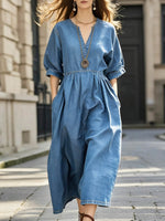 Women's V-neck 3/4 Sleeve Casual Loose Denim Dress