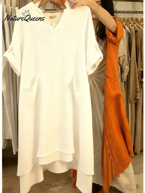 Women's Casual V-neck Pocket Cotton Linen Dress
