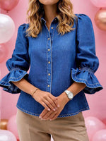 Women's Lapel Long-sleeved Loose Casual Denim Shirt