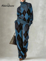 Women's Plaid Print High-neck Long-sleeve Casual Loose Knit Top With Elastic Waist And Wide-leg Pants Set