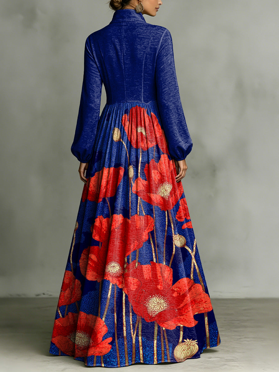 Elegant Color-blocking Floral Pattern Women's Long Sleeve Shirt Collar Dress