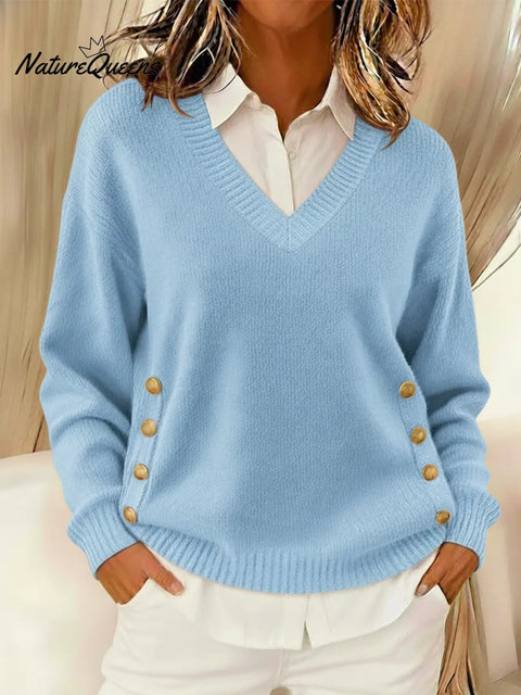 Women's Comfortable V-neck Metal Buckle Pullover Knit Sweater