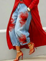 Women's Retro Floral Pattern Art Print Casual Jeans