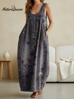 Women's Retro Flowers Print Casual Loose Denim Vest Dress